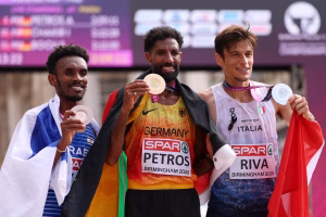 Leichtathletik EM 2026 Birmingham - Amanal Petros, Pietro Riva, Gashau Ayale - Marathon - Copyright: © European Athletics / Maja Hitij